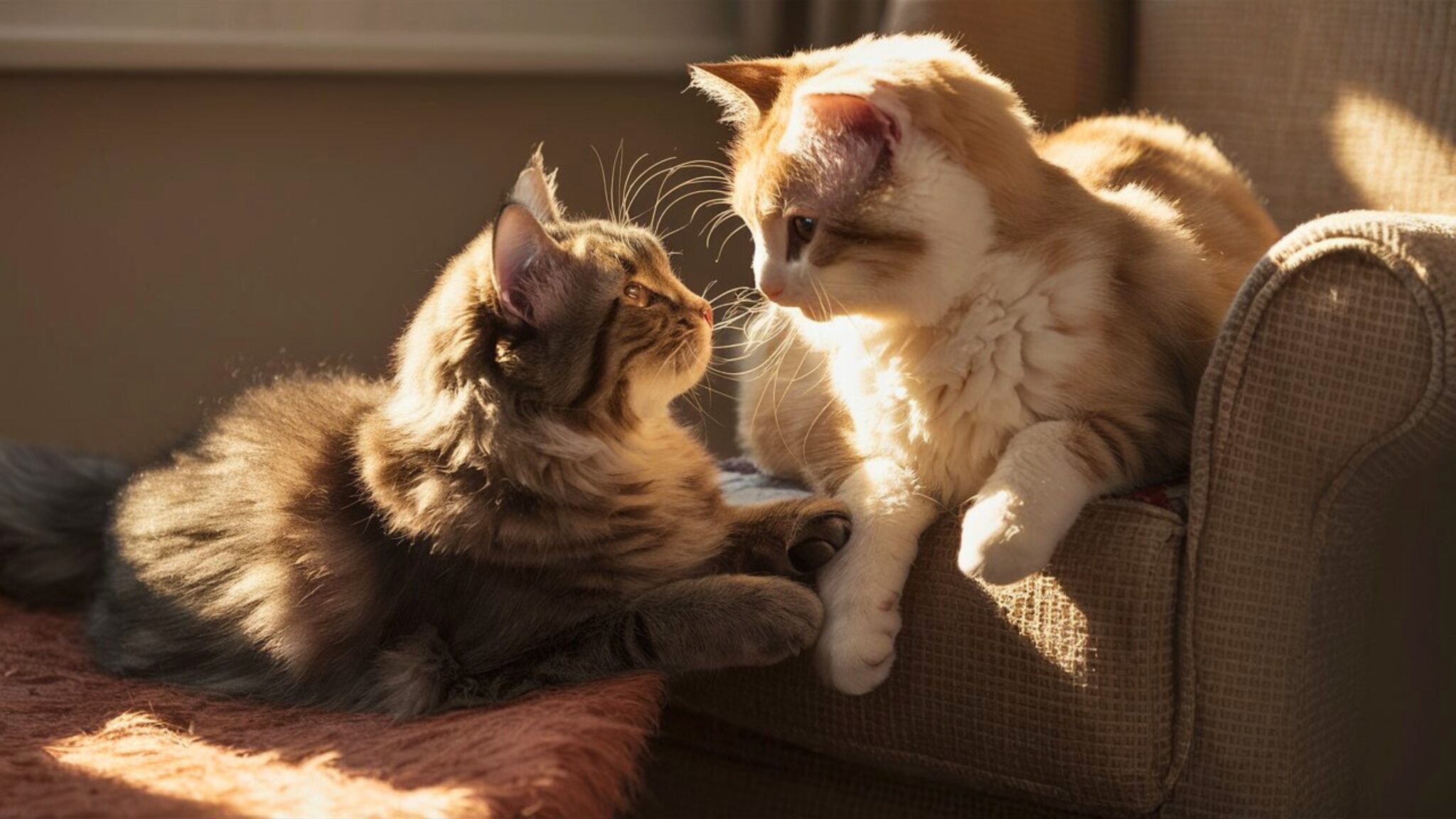 2 γάτες που κοιτάζονται, καθισμένες στον καναπέ σπιτιού